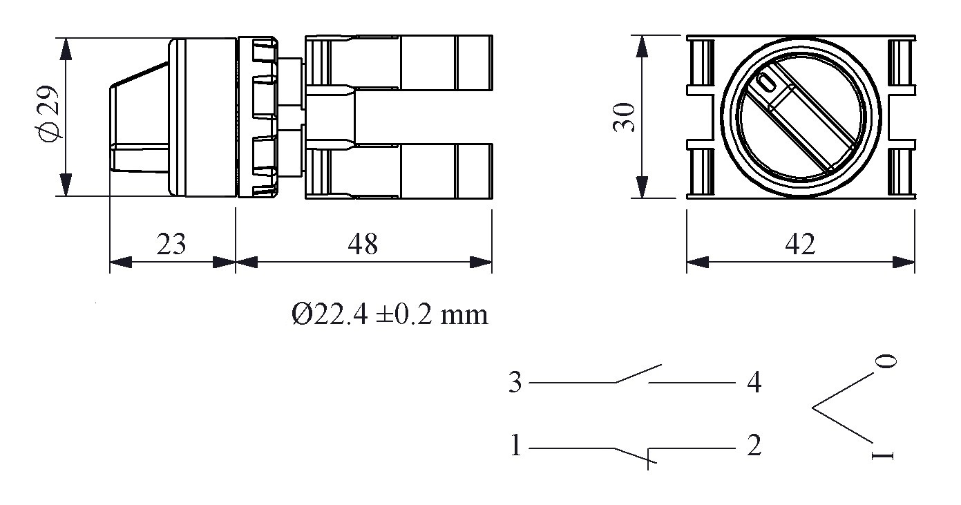 B-T20-IP50-(BA-B1-B2) Переключатель пластиковый на 2 положения (0-1) 90° с фиксацией 1НО+1НЗ
