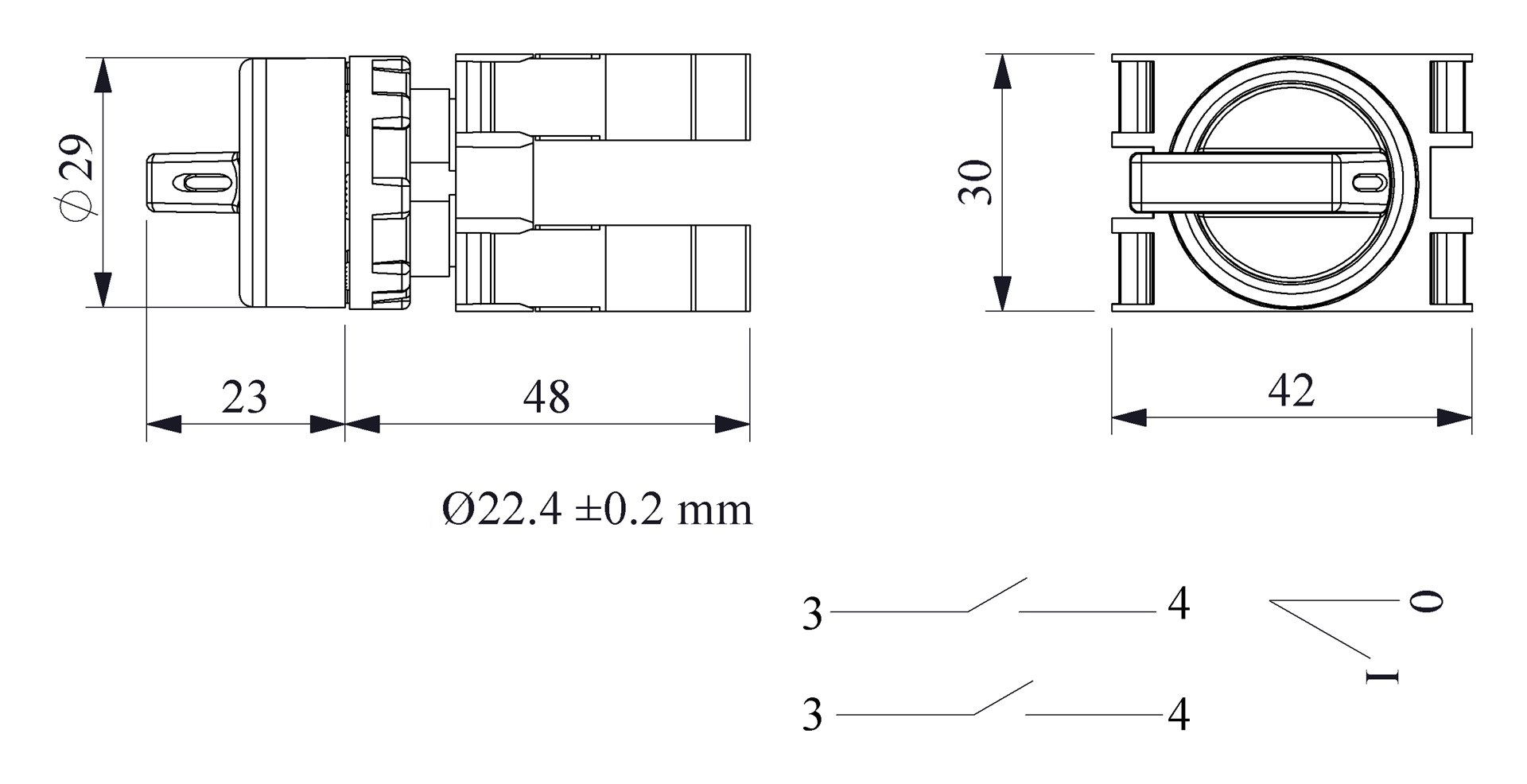 B-S20-IP50-(BA-B1-B1) Переключатель пластиковый на 2 положения (0-1) 60° с фиксацией 2НО