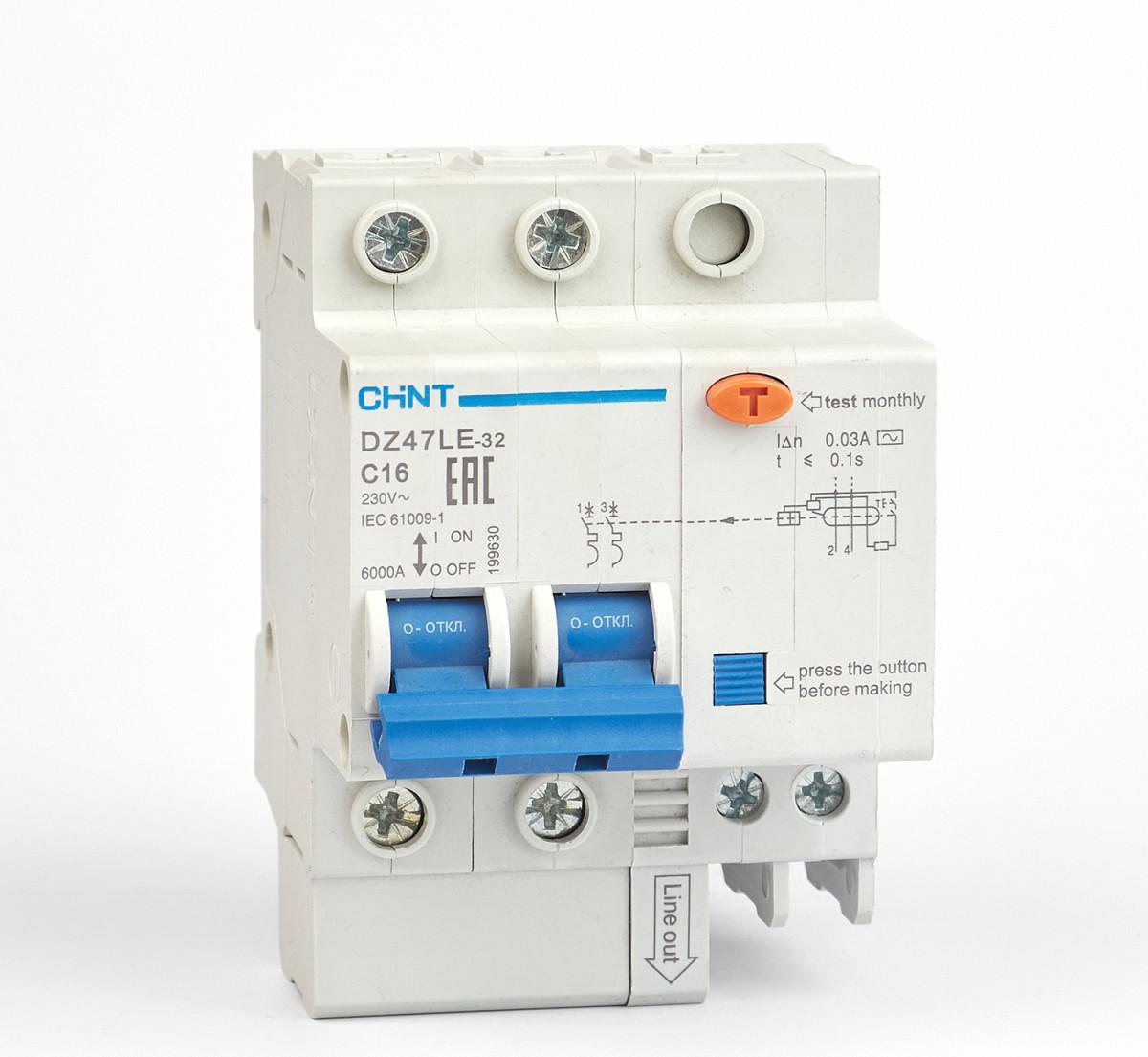 DZ47LE-32 2P 16A  30mA 6kA тип AC х-ка С, 3,5М Диф. автомат (CHINT)