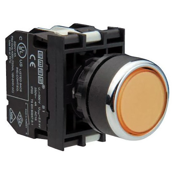 B-D -Y-(BA-B1-B8-B2)-IP50 Кнопка круглая нажимная желтая пластиковая LED 12-30V AC/DC (1НО+1НЗ)