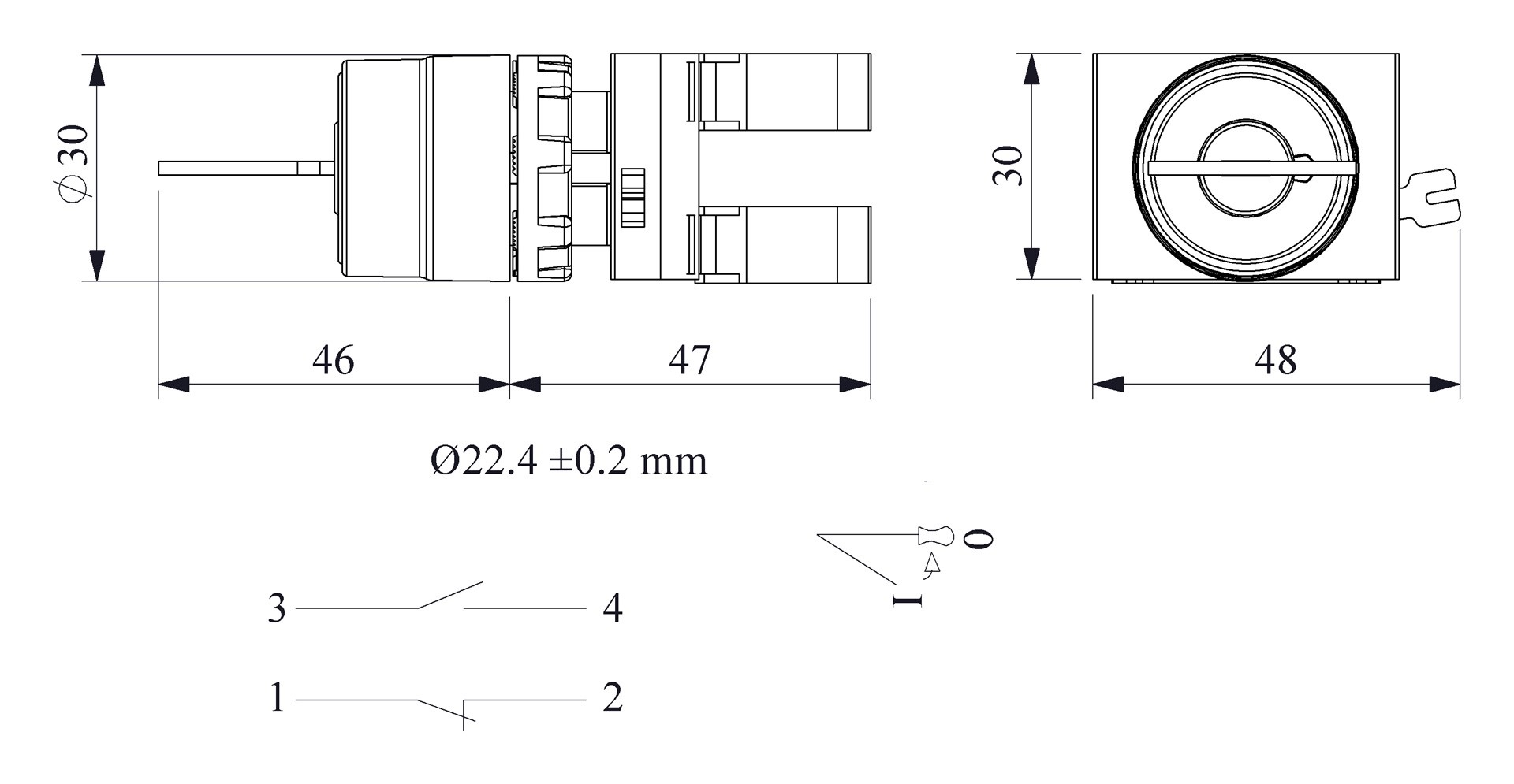 CM-AA21-(CA-C1-C2)-IP65 Переключатель металлический с ключем на 2 положения (0-1) 60° возврат из одного положения