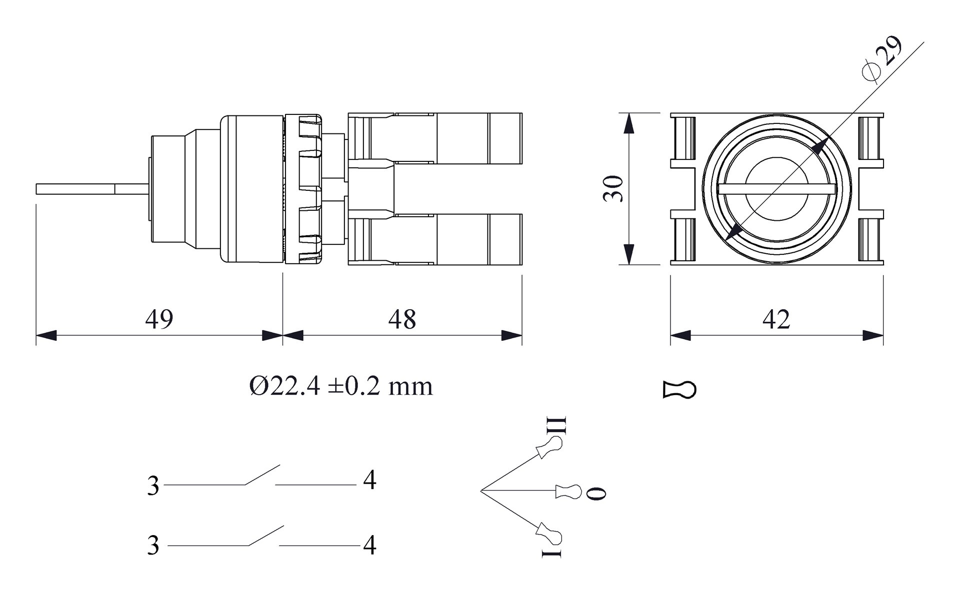 B-AС30-(BA-B1-B1)-IP50 Кнопка с ключом (2-0-1) с фиксацией (2НО) ключ вынимается во всех положениях