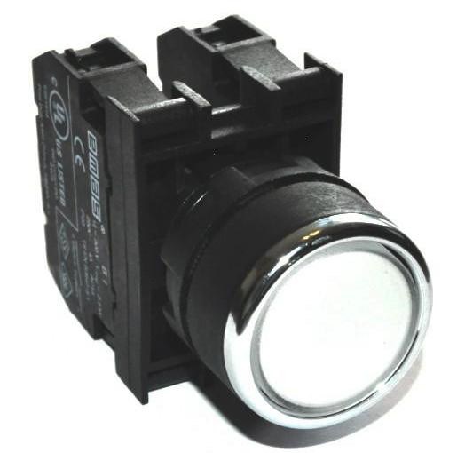 B-D -W-(BA-B1-B5-B2)-IP50 Кнопка круглая нажимная белая пластиковая LED 12-30V AC/DC (1НО+1НЗ)