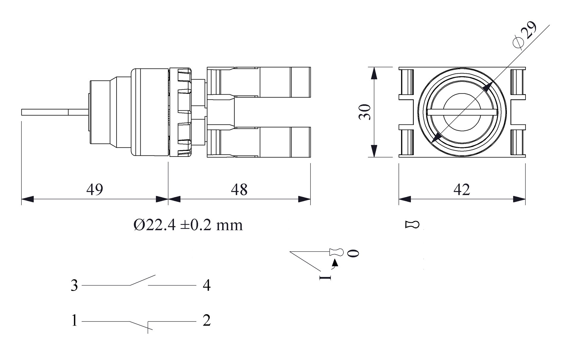 B-AA21-(BA-B1-B2)-IP50 Кнопка с ключом, 2 положения, возвратная,ключ вынимается в положении 0 (1НО+1НЗ)
