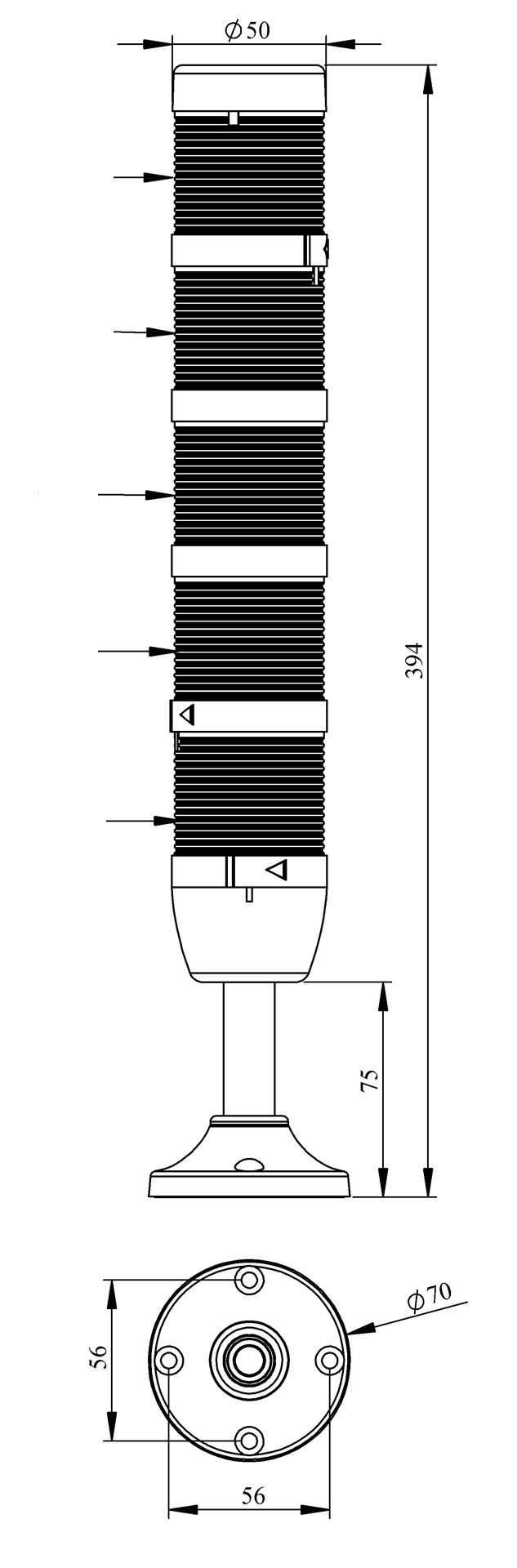 Светосигнальная колонна IK-55-F-220RYGBW-X-M03 д=50мм, 5уровней, FLASH стробоскоп, 220V AC, красный, желтый, зеленый, синий, белый 100мм алюминиевая б