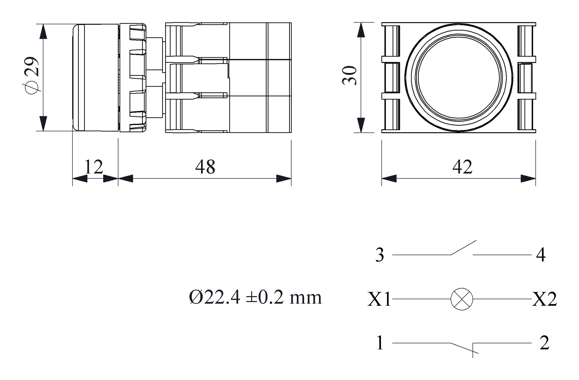 B-D -R-(BA-B1-B3-B2)-IP50 Кнопка нажимная красная пластиковая с патроном подсветки Ba9S (1НО+1НЗ)