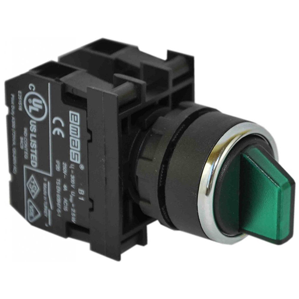 B-SL20-G-IP50-(BA-B1-B9-B1) Переключатель пластиковый на 2 положения (0-1) 60° с фиксацией 2НО, зеленый