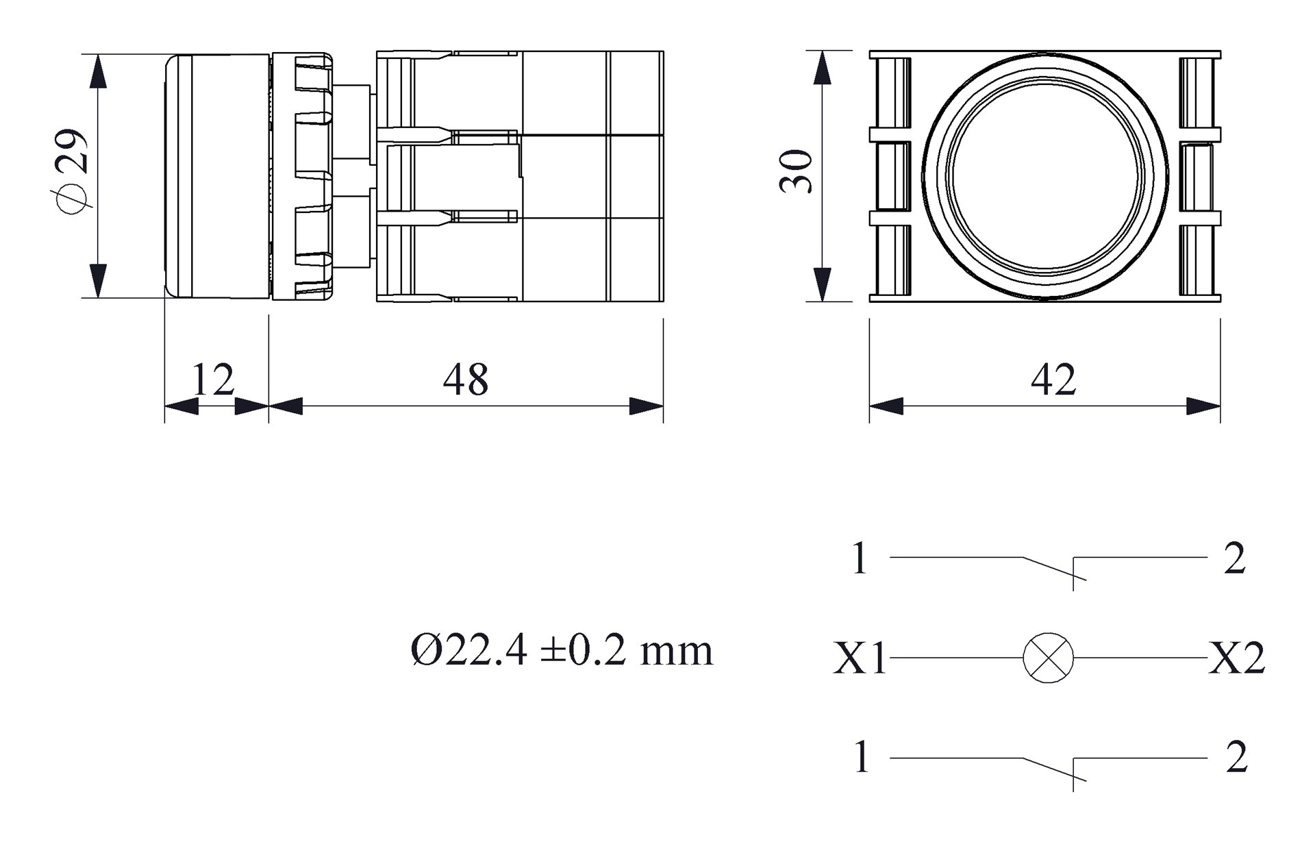 B-D -R-(BA-B2-B3-B2)-IP50 Кнопка нажимная красная пластиковая с патроном подсветки Ba9S (2НЗ)