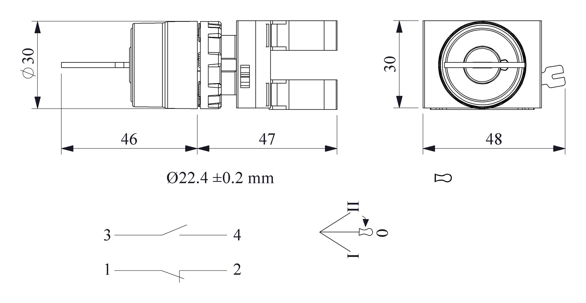 CM-AA31-(CA-C1-C2)-IP65 Переключатель металлический с ключем на 3 положения (2-0-1) 60° возврат из одного положения