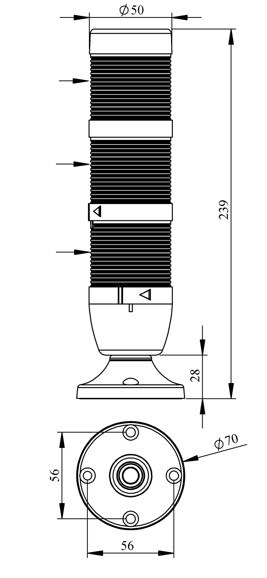 Светосигнальная колонна IK-53-L-024RYG-X-M02 д=50мм, 3уровня, LED светодиод, 024V AC/DC, красный, желтый, зеленый, 20мм алюминиевая база