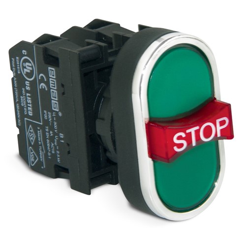 B-B30-G-(BA-B1-B2-B1)-IP50 Кнопка тройная зеленая с аварийной кнопкой "STOP" (2НО+1НЗ)