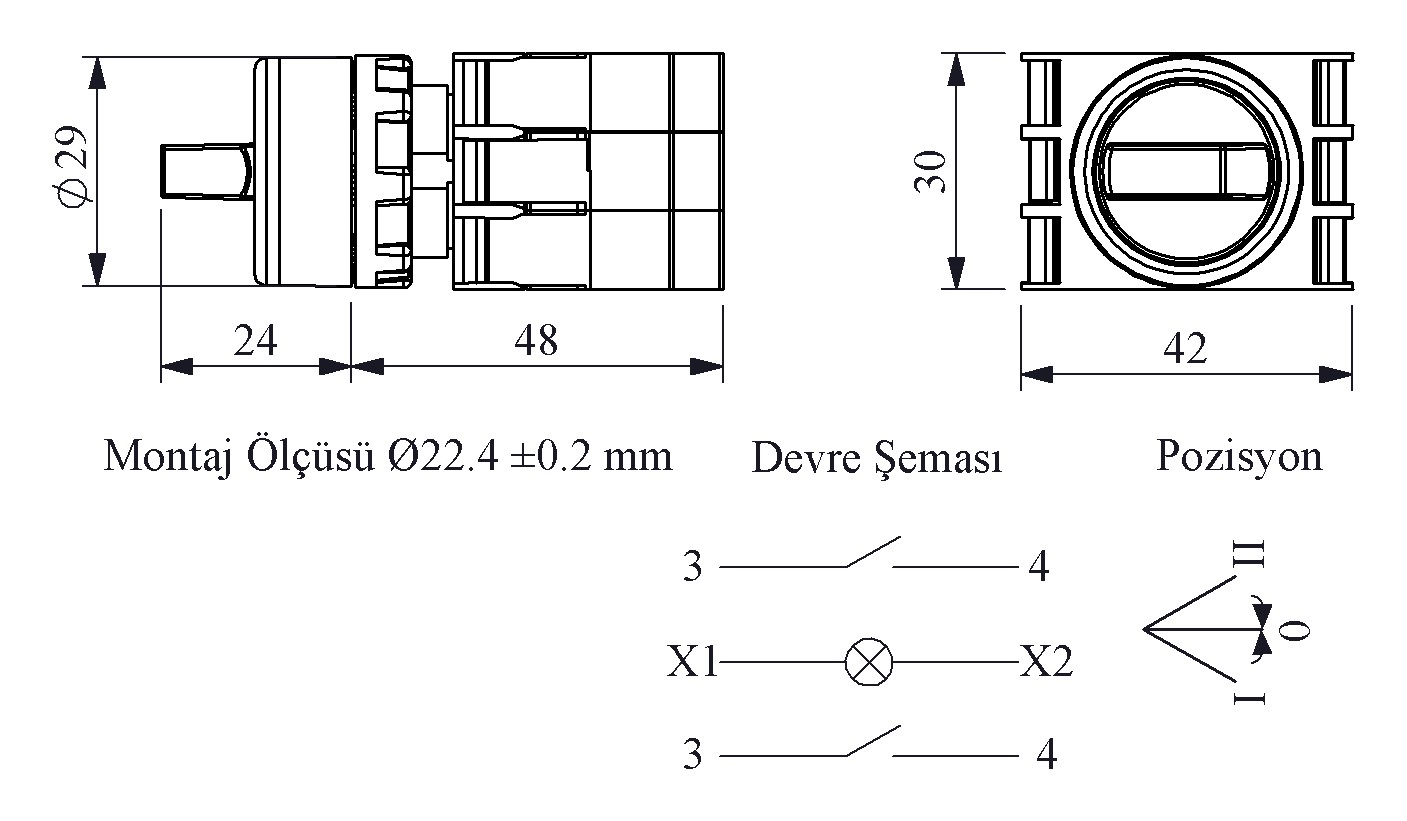 B-SL32-R-IP50-(BA-B1-B3-B1) Переключатель пластиковый на 3 положения (2-0-1) 60° без фиксации 2НО, красный с патроном подсветки Ba9S