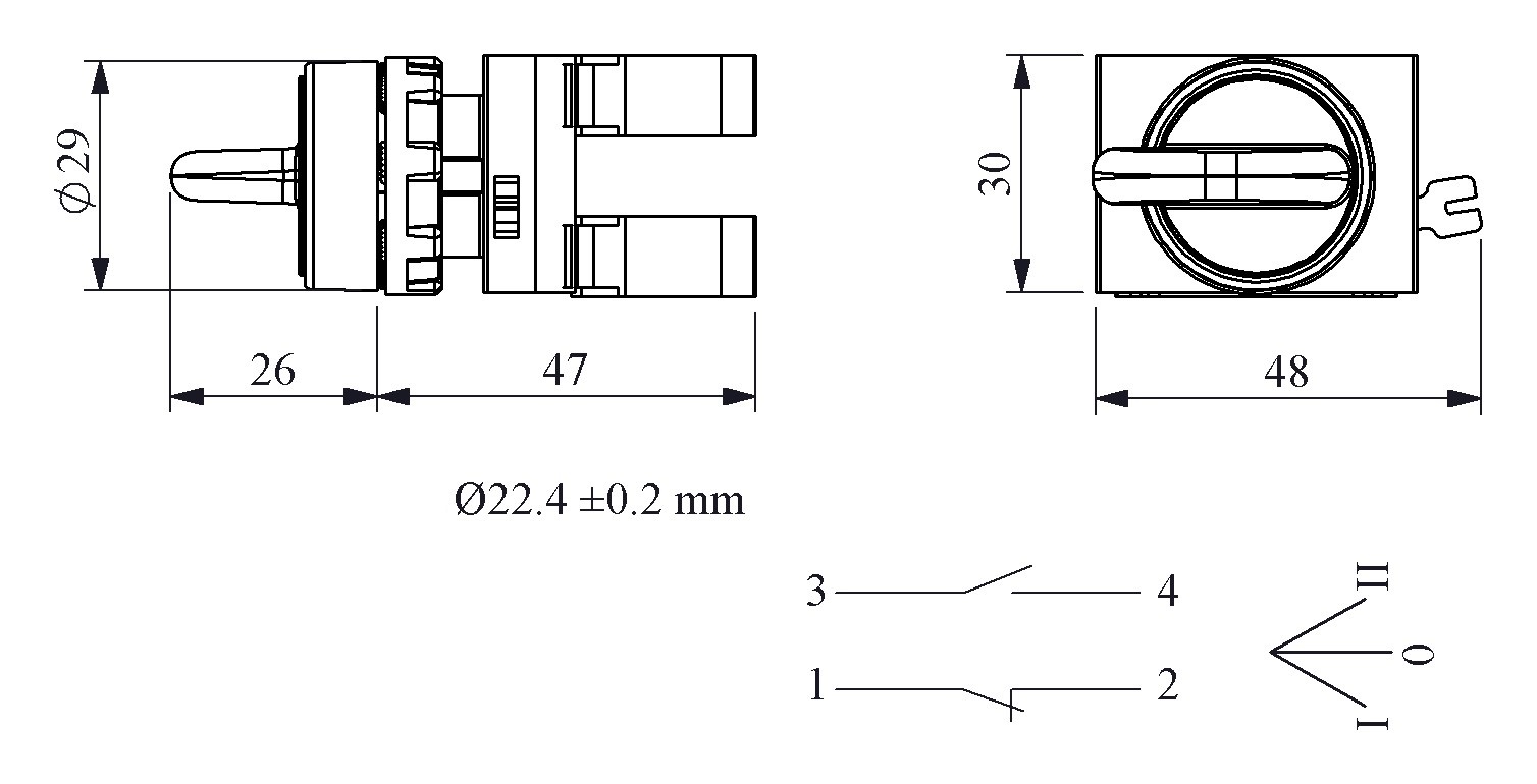 CM-S30-(CA-C1-C2)-IP65 Переключатель металлический 2-0-1 c фиксацией, 1НО+1НЗ