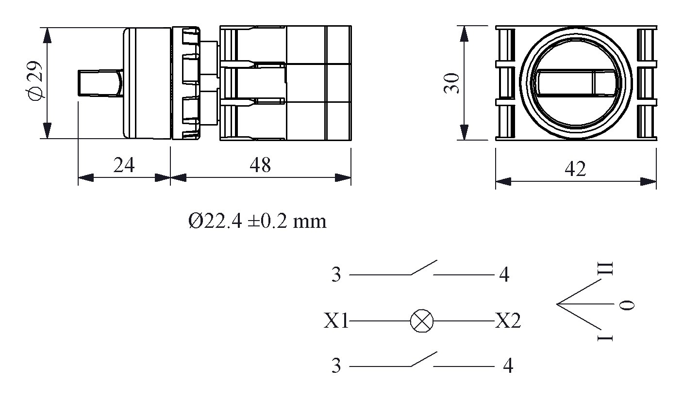 B-SL30-W-IP50-(BA-B1-B3-B1) Переключатель пластиковый на 3 положения (2-0-1) 60° с фиксацией 2НО, белый