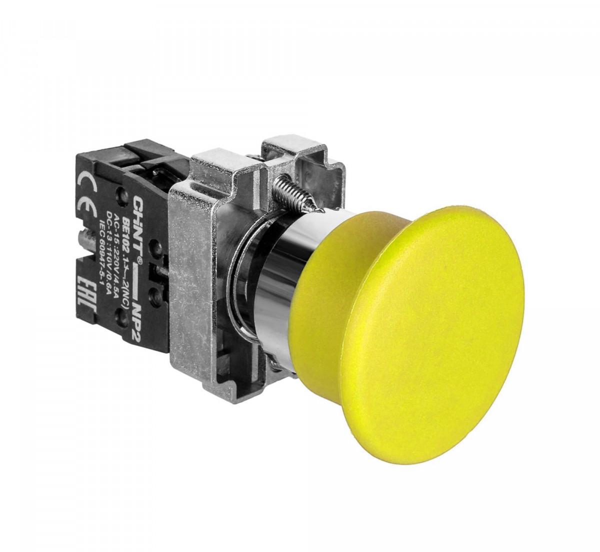 Кнопка управления "Грибок" Φ40мм с самовозвратом NP2-BC52 без подсветки желтая 1НЗ IP40