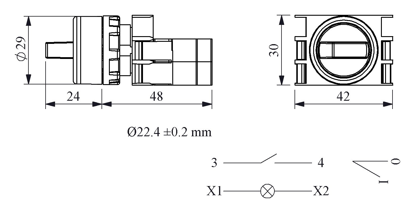 B-SL20-R-IP50-(BA-B1-B6) Переключатель пластиковый на 2 положения (0-1) 60° с фиксацией 1НО, красный
