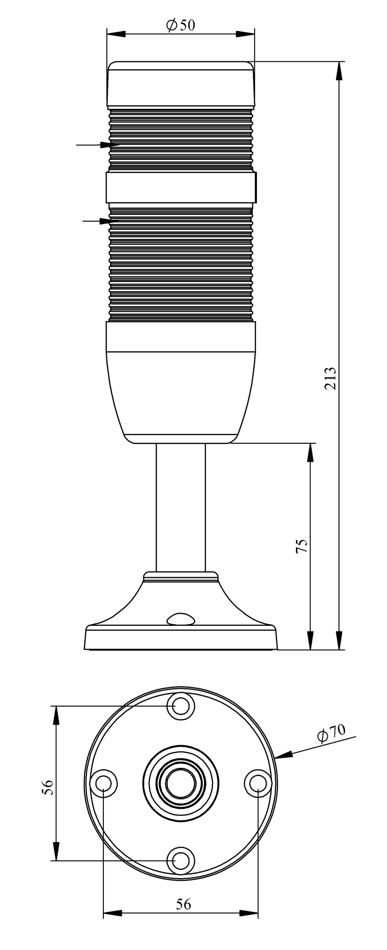 Светосигнальная колонна IK-51-L-024R-Z-M03 д=50мм, 1уровень, LED светодиод, 024V AC/DC, красный, зуммер, 100мм алюминиевая база