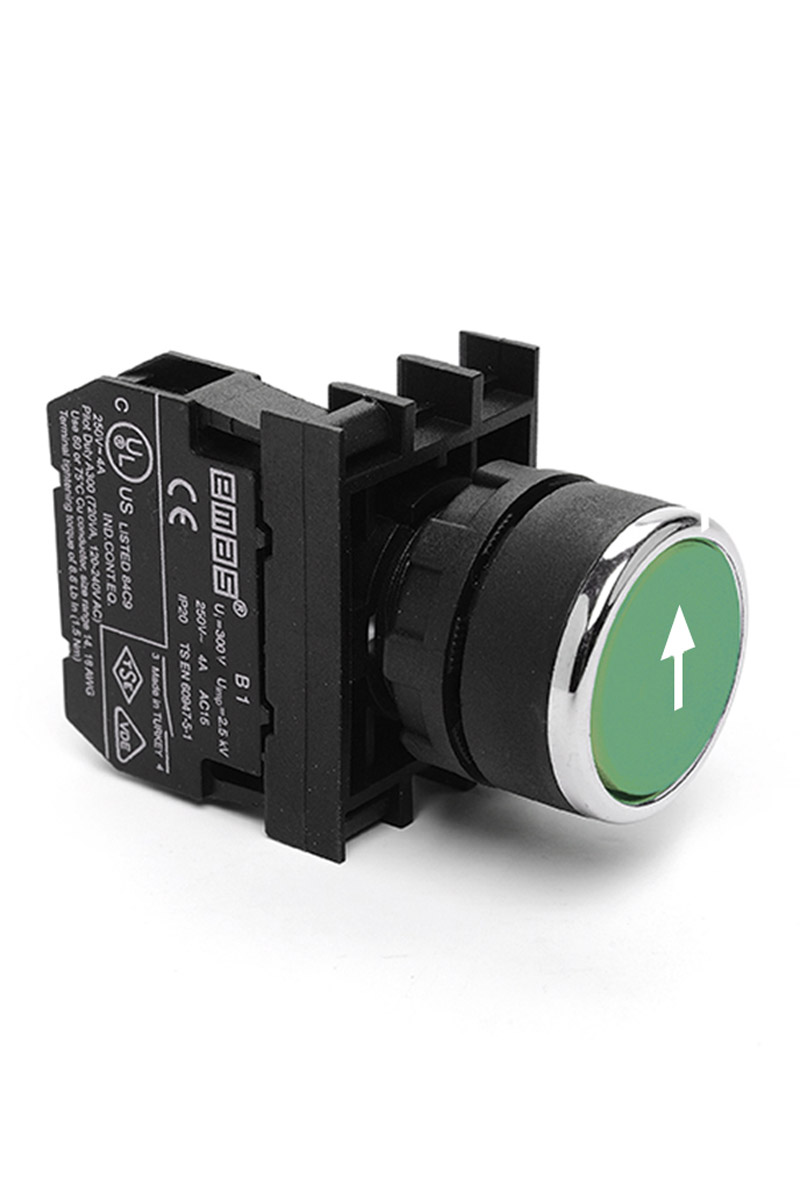 B-D -G-(BA-B1)-IP50 Кнопка зеленая пластиковая 1НО без фиксации вертикальная стрелка