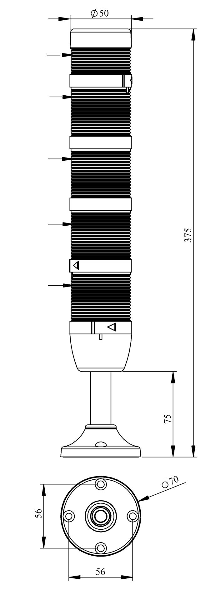 Светосигнальная колонна IK-54-L-220RYGB-Z-M03 д=50мм, 4уровня, LED светодиод, 220V AC, красный, желтый, зеленый, синий, зуммер, 100мм алюминиевая база
