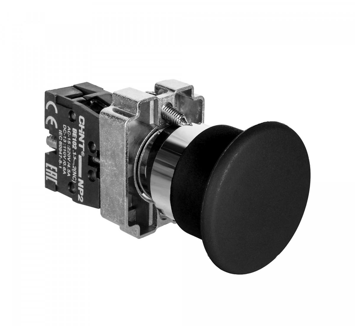Кнопка управления "Грибок" Φ40мм с самовозвратом NP2-BC22 без подсветки черная 1НЗ IP40
