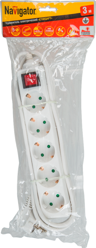 Удлинитель  3м, 5розеток, с заземл., с выкл., з/шторки, 10А, NPE-S-05-300-ESC-3x0,75 71557