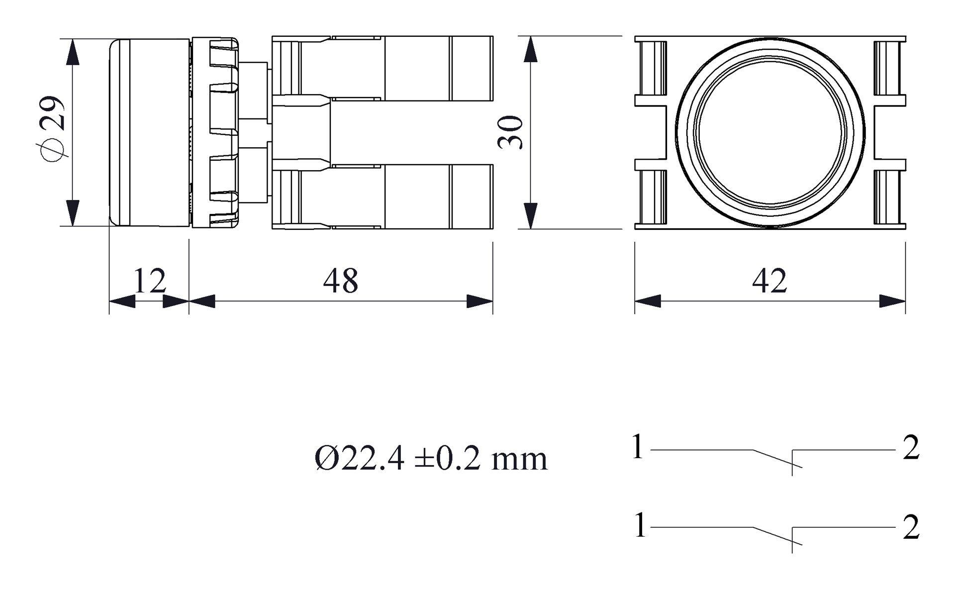 B-D -R-(BA-B2-B2)-IP50 Кнопка круглая без фиксации красная пластиковая 2НЗ