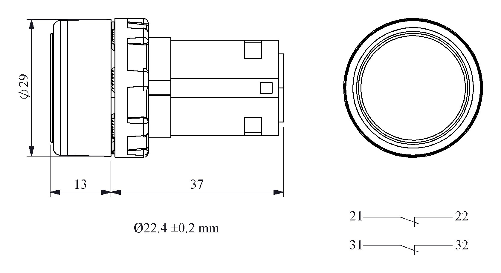 B-D -B-(BA-B2-B2)-IP50 Кнопка круглая без фиксации черная пластиковая 2НЗ