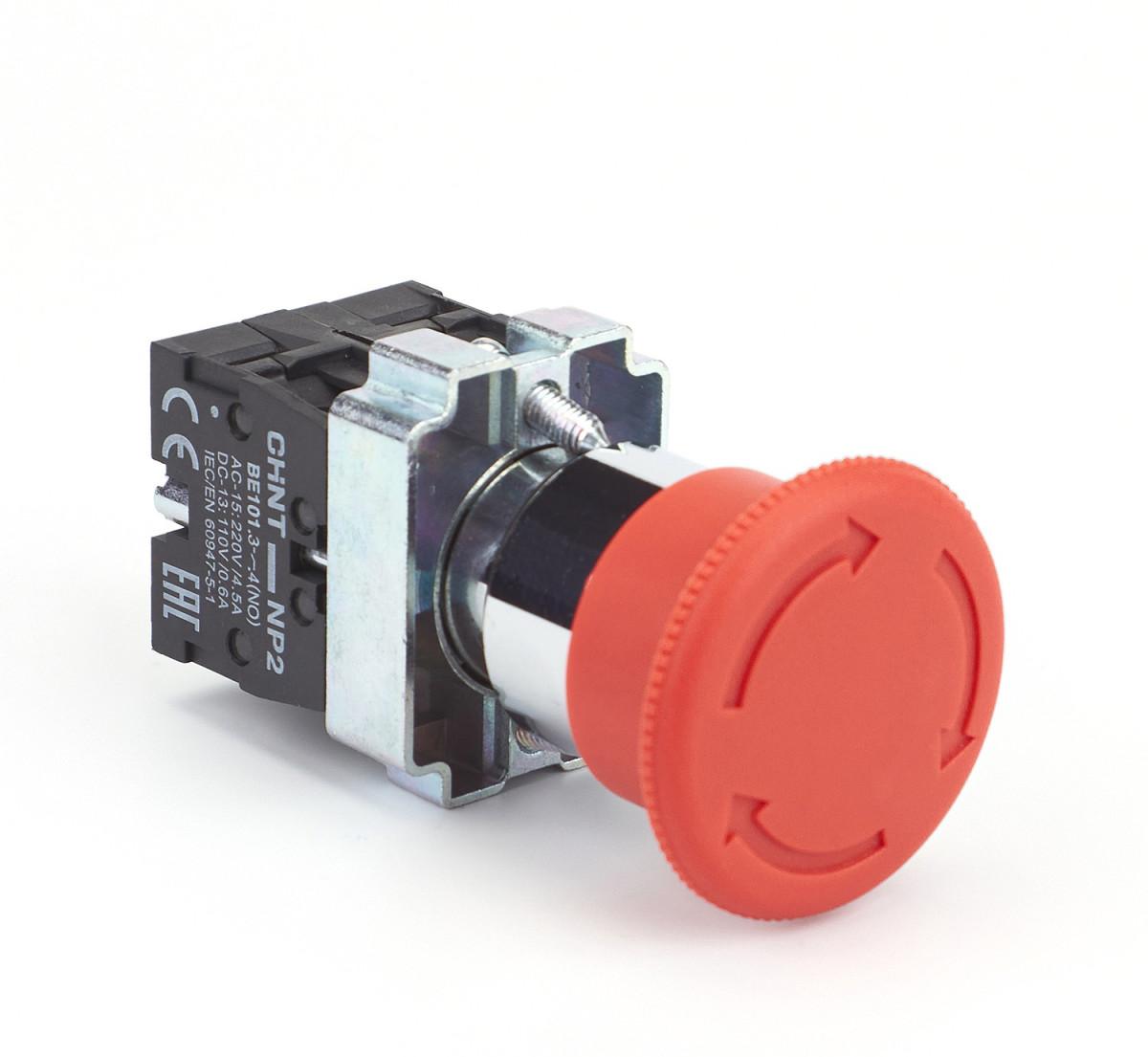 Кнопка управления "Грибок" Φ40мм (2) с фиксации NP2-BS545 без подсветки красная 1НЗ+1НО IP40