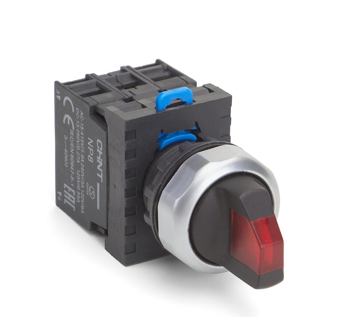 Переключатель с подсв. NP8-11XD/224, 2 полож. с самовозвр., 1НО+1НЗ крас. AC110В-230В(LED) IP65 (R)
