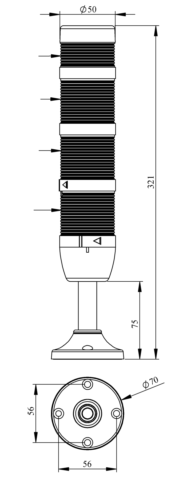 Светосигнальная колонна IK-53-L-220RYG-Z-M03 д=50мм, 3уровня, LED светодиод, 220V AC, красный, желтый, зеленый, зуммер, 100мм алюминиевая база