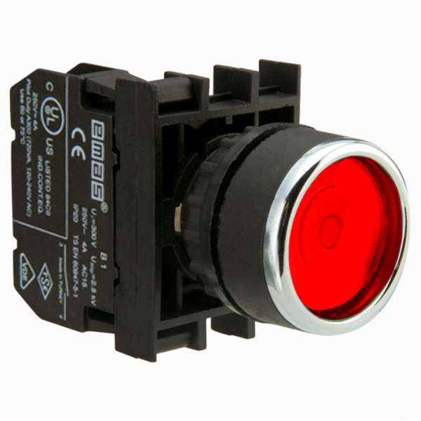 B-F -R-(BA-B2-B6)-IP50 Кнопка круглая с фиксацией красная пластиковая LED 12-30V AC/DC (1НЗ)