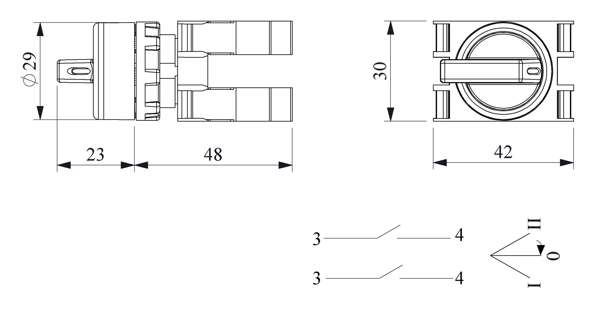 B-S31-IP50-(BA-B1-B1) Переключатель пластиковый на 3 положения (2-0-1) 60° без фиксациии 2НО
