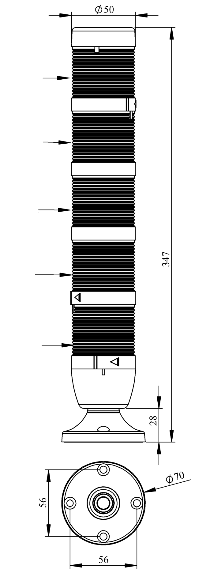 Светосигнальная колонна IK-55-L-024RYGBW-X-M02 д=50мм, 5уровней, LED светодиод, 024V AC/DC, красный, желтый, зеленый, синий, белый 20мм алюминиевая ба