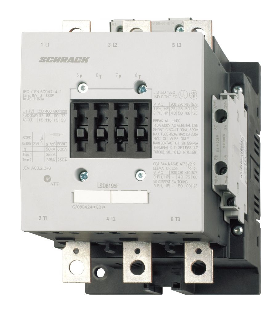 LSD06 Контактор 185А/90кВт,230В АС3,40/60Гц 2о+2з блок контакта размер 6