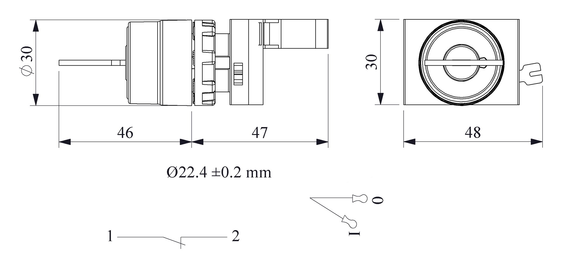 CP-AC20-(CA-C2)-IP65 Переключатель пластиковый с ключем на 2 положения (0-1) 60° с фиксацией,ключ выним. в полож. 0 и 1 (1НЗ)  (CP)