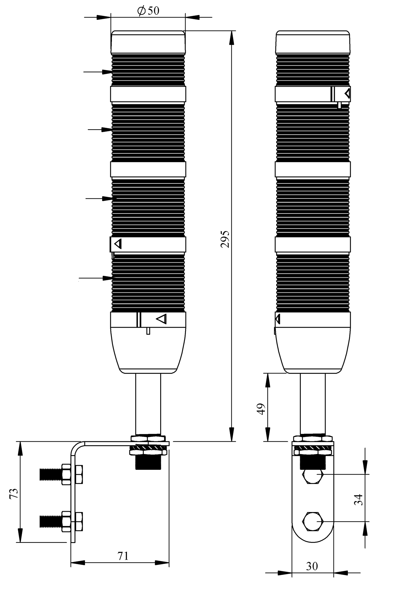 Светосигнальная колонна IK-53-L-024RYG-Z-D01 д=50мм, 3уровня, LED светодиод, 024V AC/DC, красный, желтый, зеленый, зуммер, настенное крепление