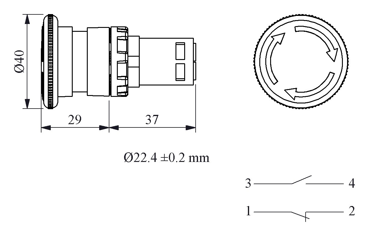 B-M40-Y-(BA-1B1-B2)-IP50 Кнопка пластиковая "Грибок" д40 с фикс. и возвратом поворотом, адаптер, кон