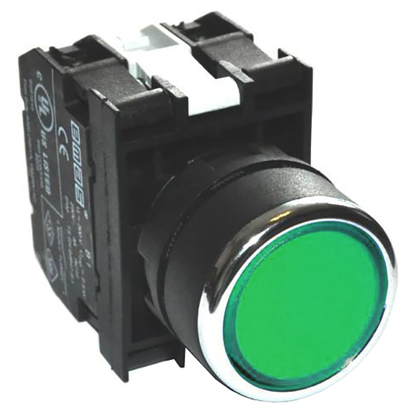 B-D -G-(BA-B1-B3-B2)-IP50 Кнопка нажимная зеленая пластиковая с патроном подсветки Ba9S (1НО+1НЗ)