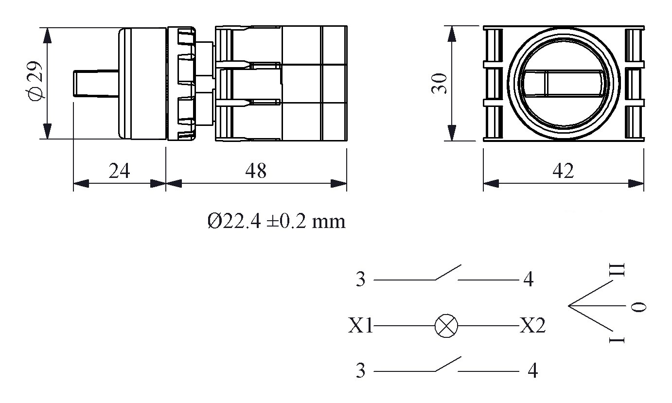 B-SL30-Y-IP50-(BA-B1-BS-B1) Переключатель пластиковый на 3 положения (2-0-1) 60° с фиксацией 2НО желтый