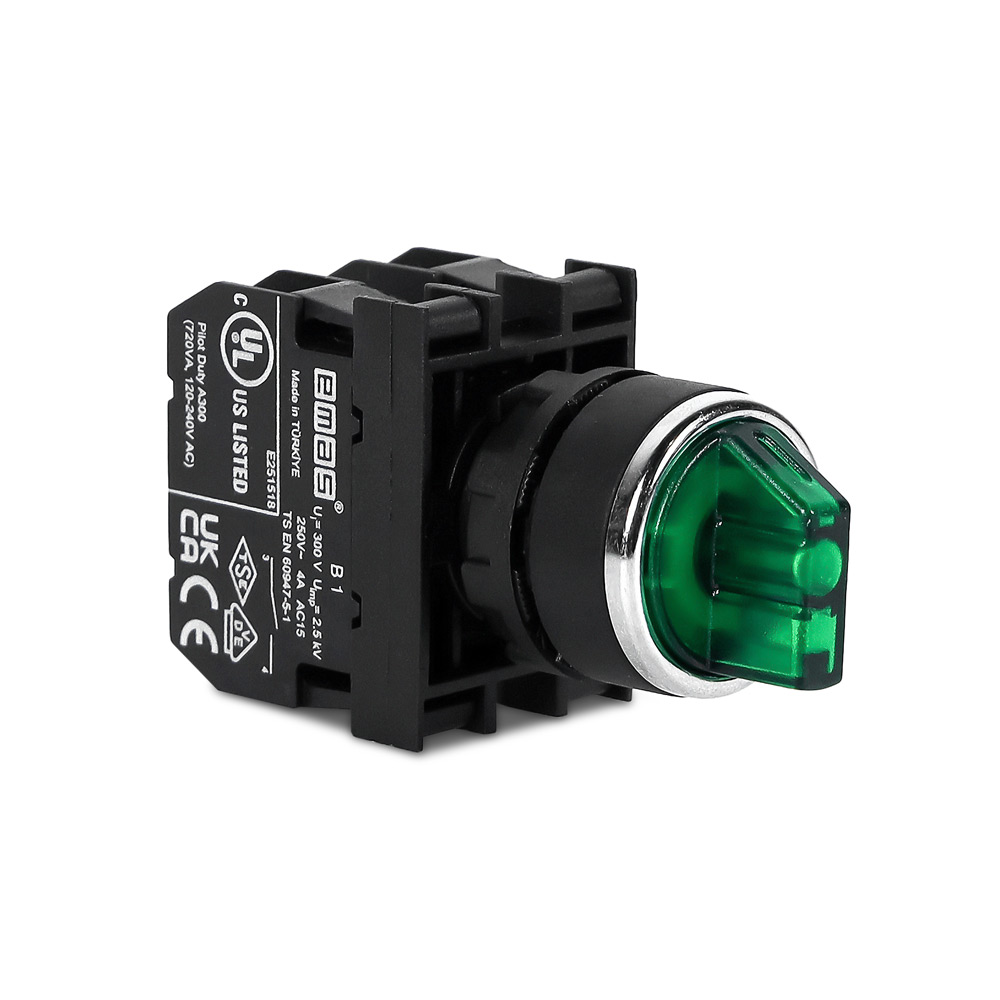 B-SL32-G-IP50-(BA-B1-B1) Переключатель пластиковый на 3 положения (2-0-1) 60° без фиксации 2НО зеленый