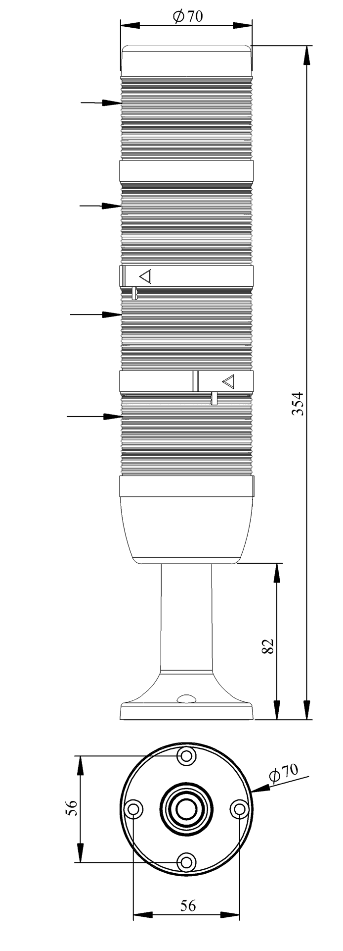 Светосигнальная колонна IK-74-F-024RYGB-X-M01 д=70мм, 4уровня, FLASH стробоскоп, 024V AC/DC, красный, желтый, зеленый, синий, 100мм пластиковая база