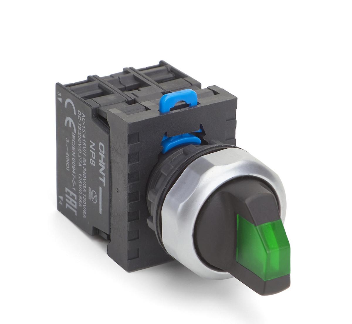 Переключатель с подсв. NP8-11XD/223, 2 полож. с самовозвр., 1НО+1НЗ зел. AC110В-230В(LED) IP65 (R)