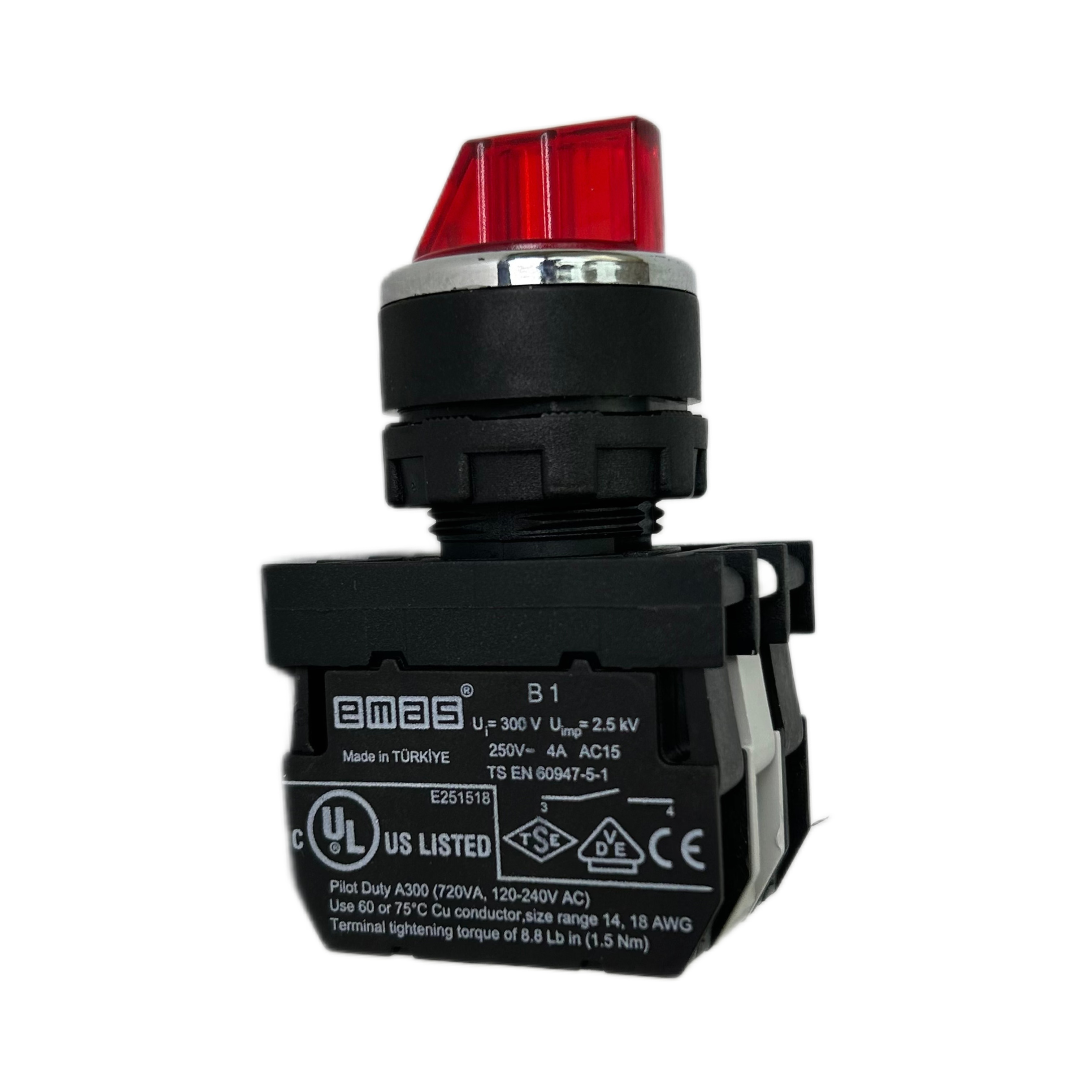 B-SL20-R-IP50-(BA-B1-B6-B1) Переключатель пластиковый на 2 положения (0-1) 60° с фиксацией 2НО, красный