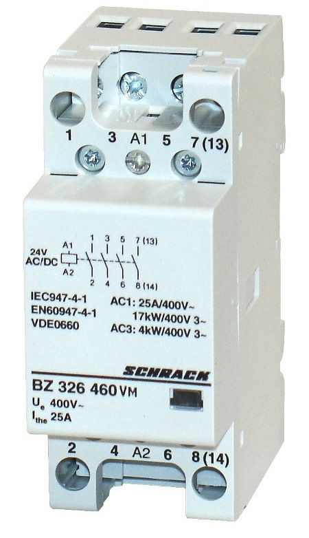 BZ Модульный контактор DIN 25A по AC1,  24VDC/AC 4НО контакт, 2модуля