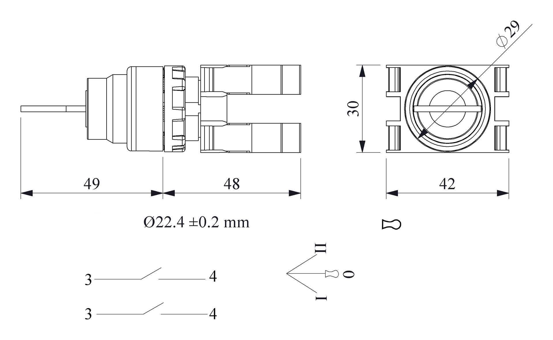 B-AA30-(BA-B1-B1)-IP50 Кнопка с ключом, 3 положения, с фиксацией,ключ вынимается в положении 0 (2НО)