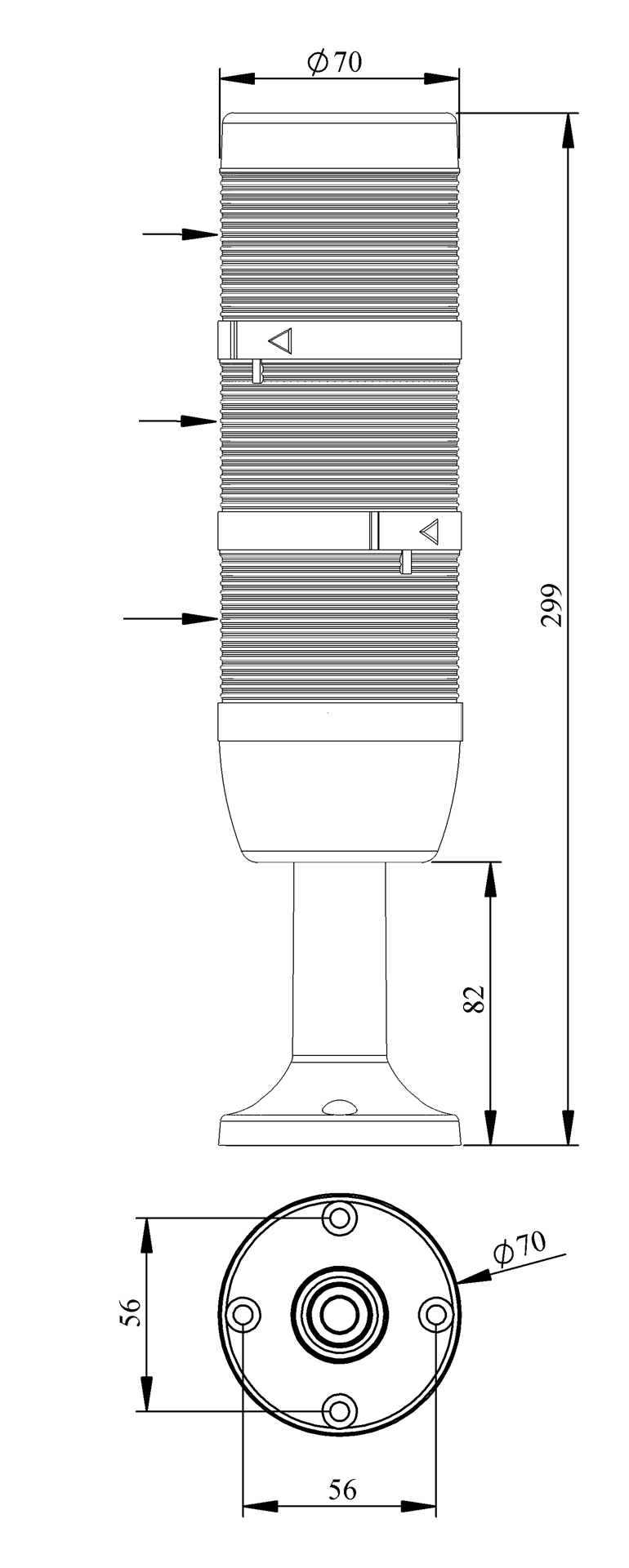 Светосигнальная колонна IK-73-F-024RYG-X-M01 д=70мм, 3уровня, FLASH стробоскоп, 024V AC/DC, красный, желтый, зеленый, 100мм пластиковая база