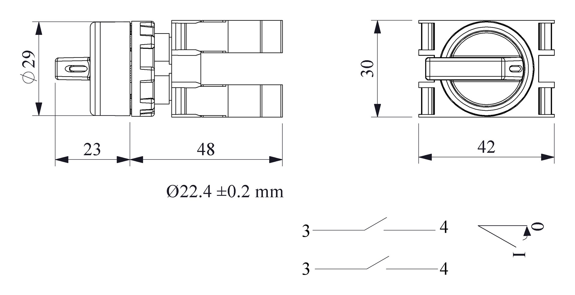 B-S21-IP50-(BA-B1-B1) Переключатель пластиковый на 2 положения (0-1) 60° без фиксации 2НО