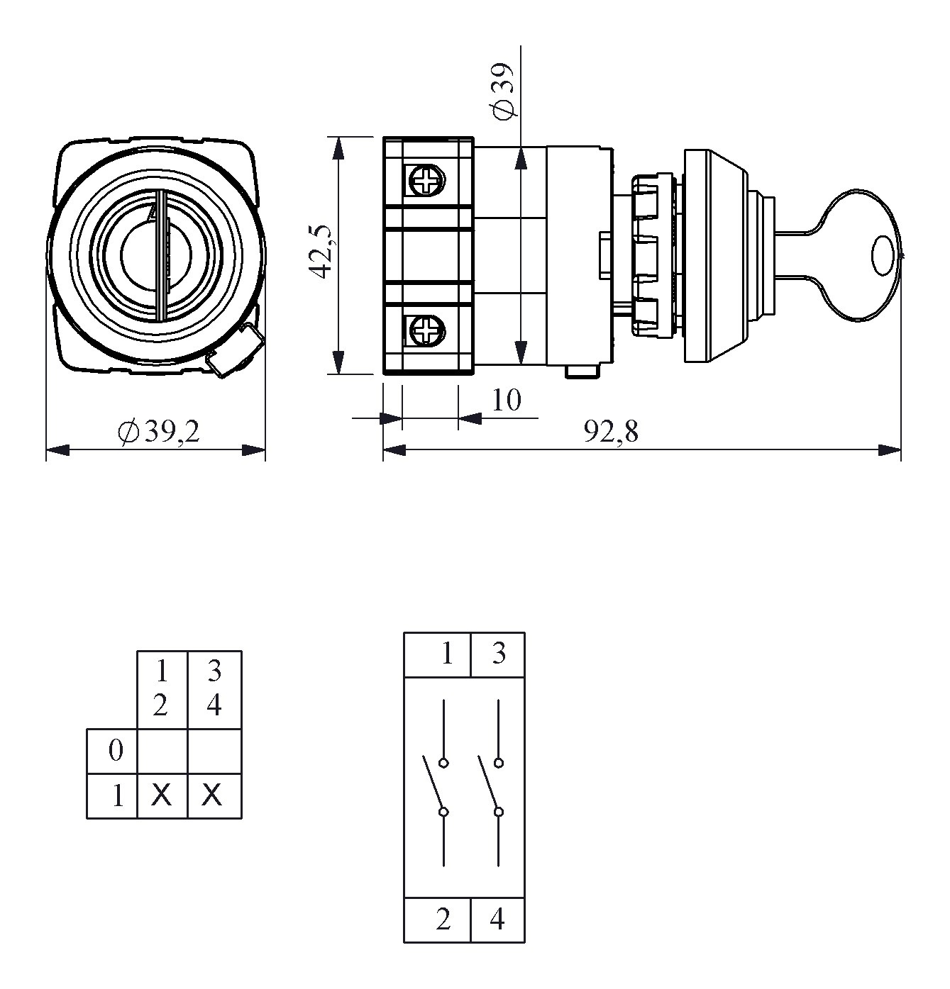 Переключатель двухпозиционный PSA-AK (0-1), 60° двухфазный  10А с ключом