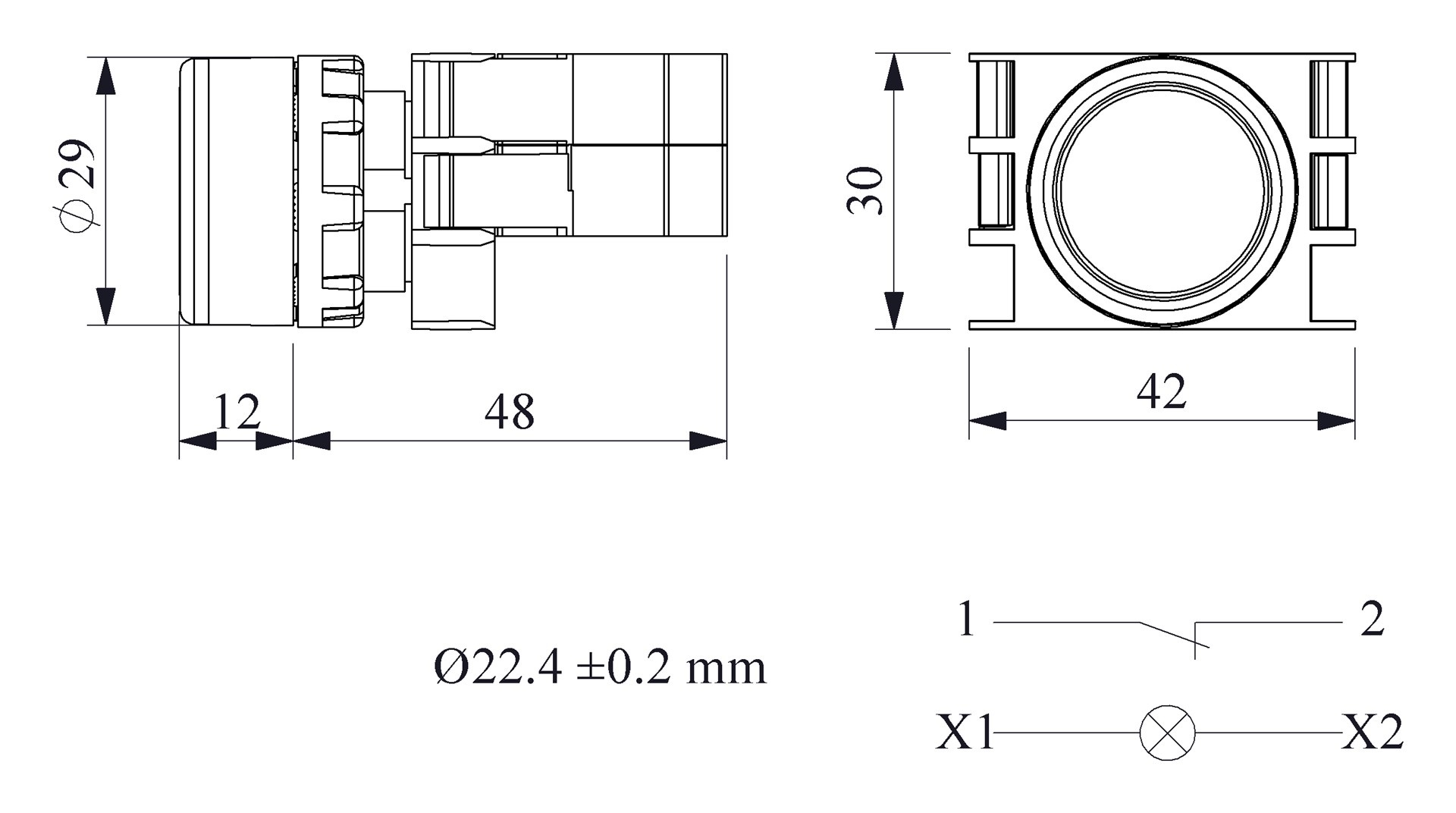 B-D -R-(BA-B2-B6)-IP50 Кнопка нажимная красная пластиковая LED 12-30V AC/DC (1НЗ)