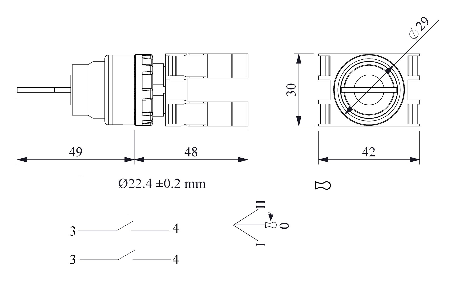 B-AA31-(BA-B1-B1)-IP50 Кнопка с ключом, 3 положения, возврат из одного положения, ключ вынимается в положении 0